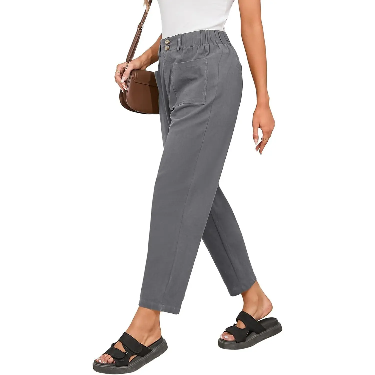 Linen Pants Women Casual Cotton Capri Pants High Waisted Harem Trouser Summer Slacks with Pockets Fall Clothes