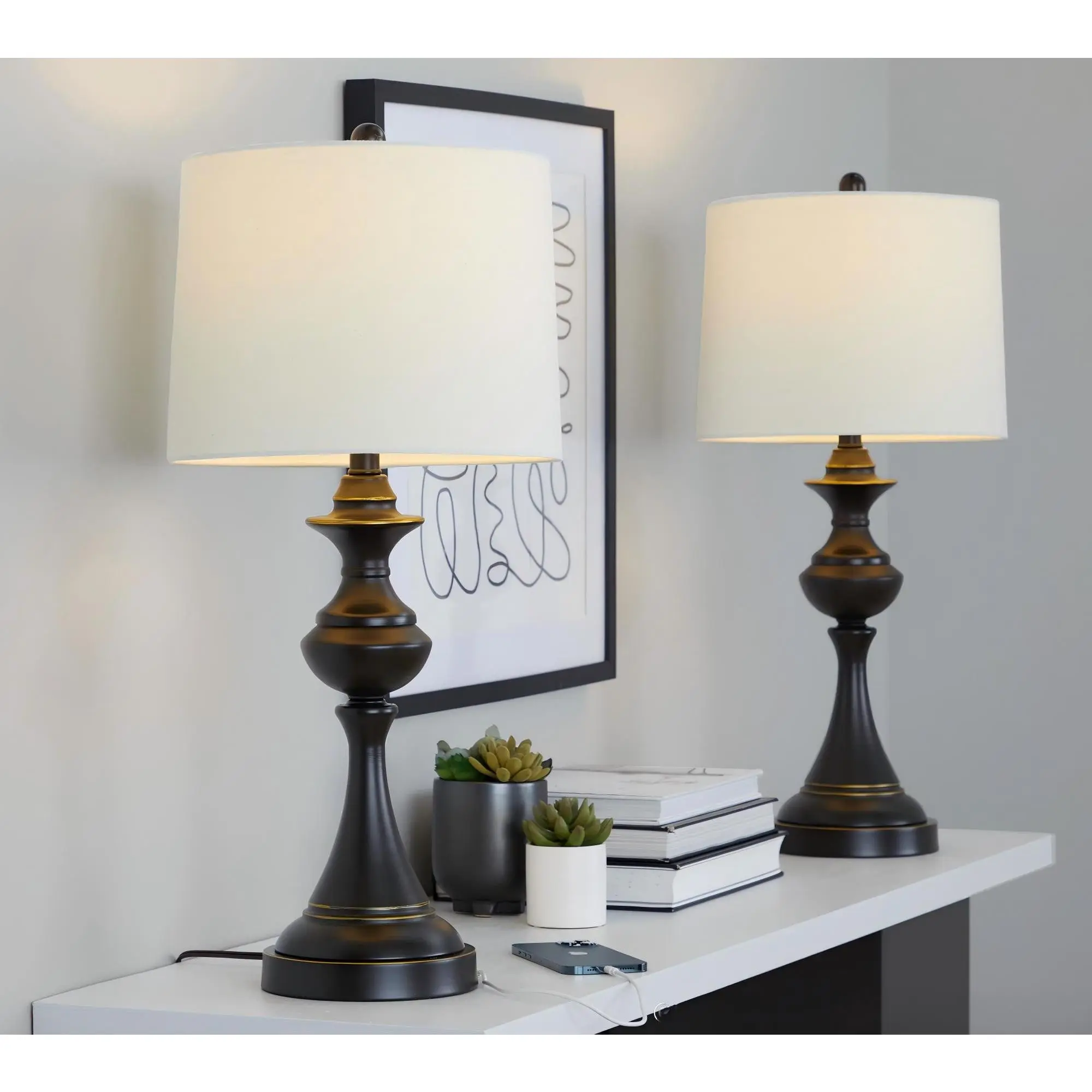 Nokaa Contemporary Metal Table Lamp 29" Tall Oil Rubbed Bronze Finish Off-White Linen Shade Set of 2 for Living Room Bedroom End Table Nightstand Accent Lighting