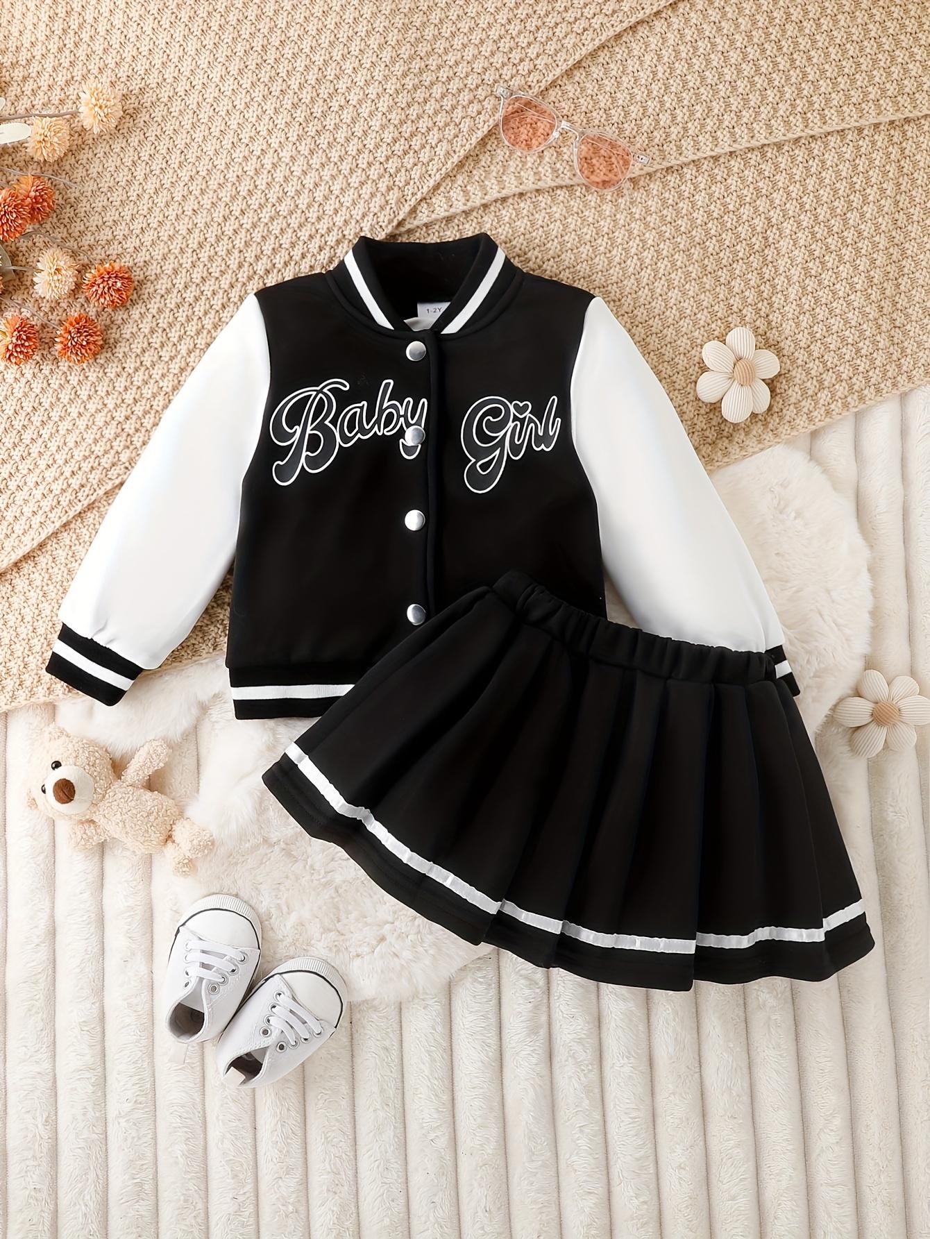 Kids Clothing Girls 2-Piece Preppy Look Set, Cotton Blend Baseball Jacket with Printed Letters + Pleated Skirt, Outdoor & Party Wear Gift