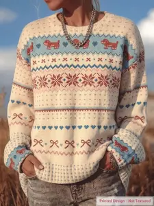 Women's Everyday Knitted Long Sleeve Crew Neck Fitted Pullover Sweater Printed with Bohemian Rustic Vintage Print, Ribbed Knit Casual Texture, Soft Comfortable Cozy Fabric, Perfect for Daily Wear, Home Casual Wear, All Seasons Cozy Warm Sweater