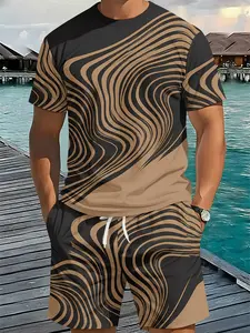 Two-piece set with trendy contrasting 3D digital print of flowing twisted brown and black ripples, 2Pcs, fashionable suit, trendy retro casual two-piece outfit, trendy vacation-style wear, breathable sports casual style, an ideal festive gift for men