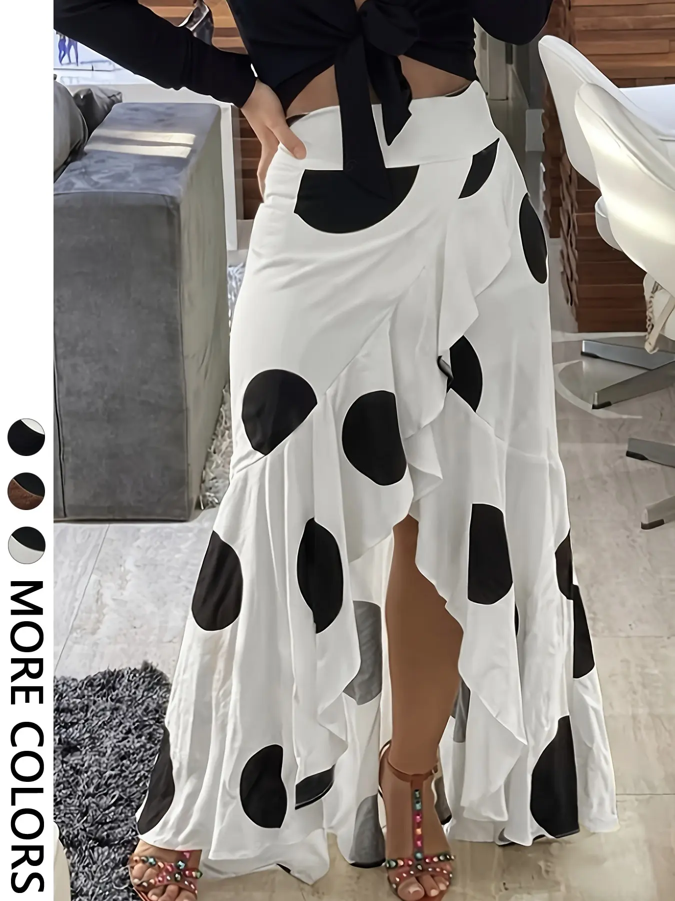 High-Waisted Polka Dot Maxi Skirt, Asymmetrical Front Split Layered Ruffle Design, Loose-Fit Long Summer Skirt