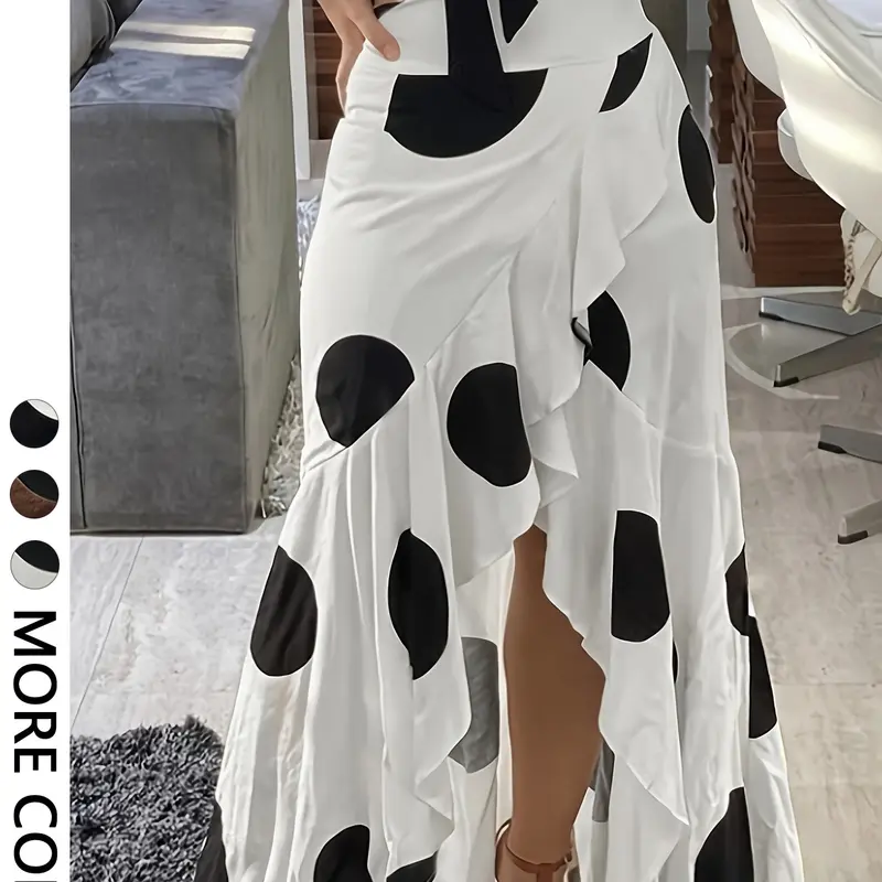 High-Waisted Polka Dot Maxi Skirt, Asymmetrical Front Split Layered Ruffle Design, Loose-Fit Long Summer Skirt