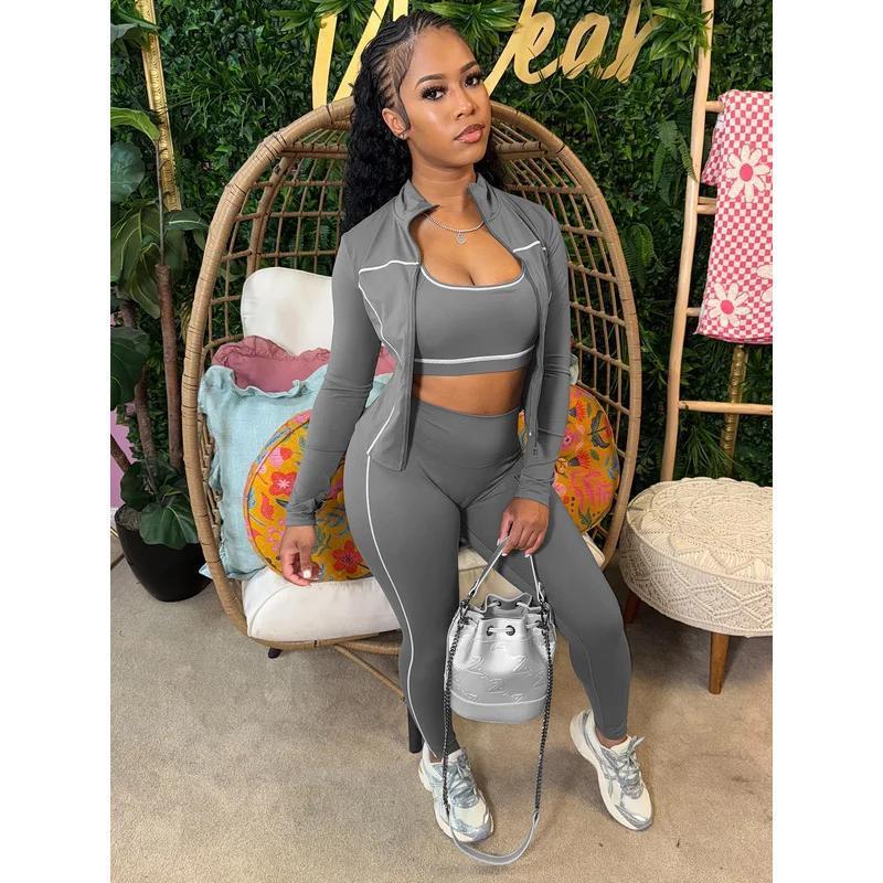 Casual 3 Piece Set Women Tracksuit Elastic Vest+Zip Jacket+Leggings Matching Street Sporty Fitness Street Shapewear