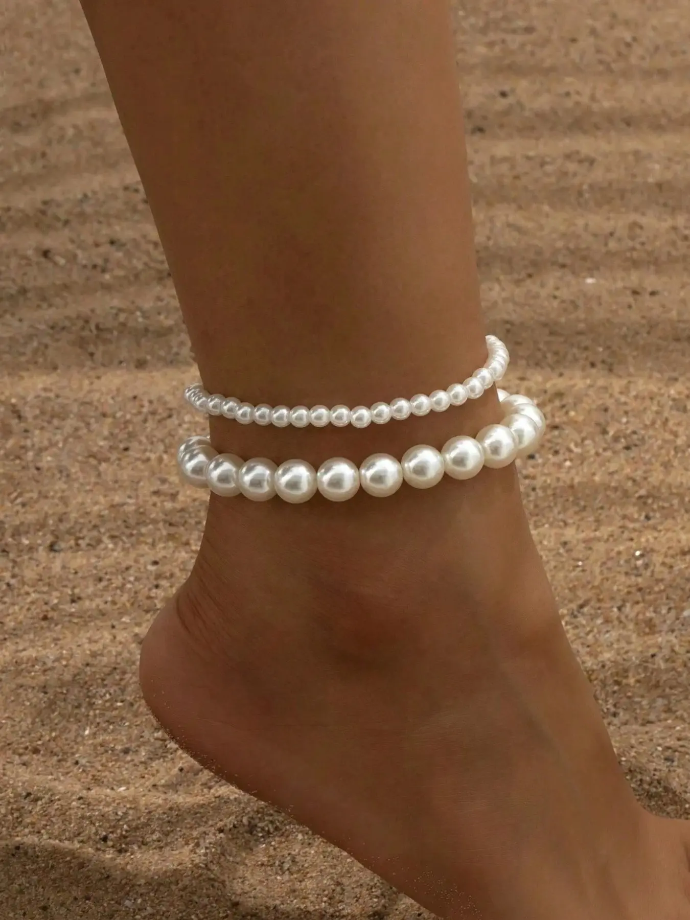 Women's Elastic Pearl Anklet Set, Adjustable Design, Perfect for Beach Vacations & Casual Wear, Stylish Ladies' Foot Jewelry