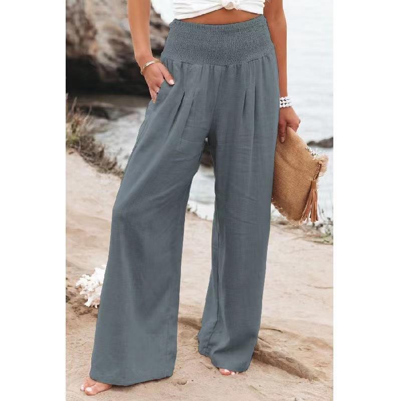 Women's Spring/Summer Beach Vacation Style Pants, Casual Wide-Leg Cotton-Linen Loose-Fit Trousers, Popular Beachwear Matching Pants for Women