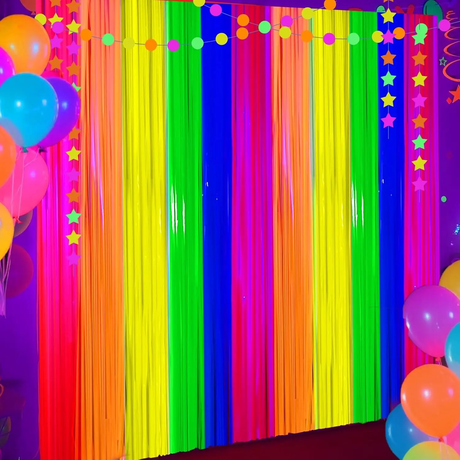 4 Packs Glow in the Dark Foil Fringe Curtain Macaron Rainbow Blacklight Reactive Fluorescent Tinsel Backdrop Neon Luminous Streamers for Birthday Wedding Neon Party Glow Party Decorations Supplies