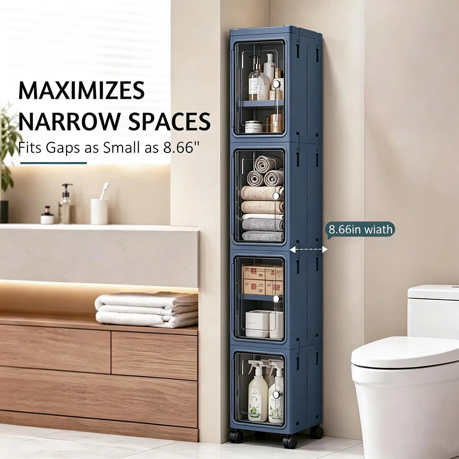 Stackable Rolling Plastic Storage Boxes, 5-Tier Square Foldable Organizer with Dustproof Lids, Collapsible Storage Bins with Wheels for Dorm & Office, White 157cm
