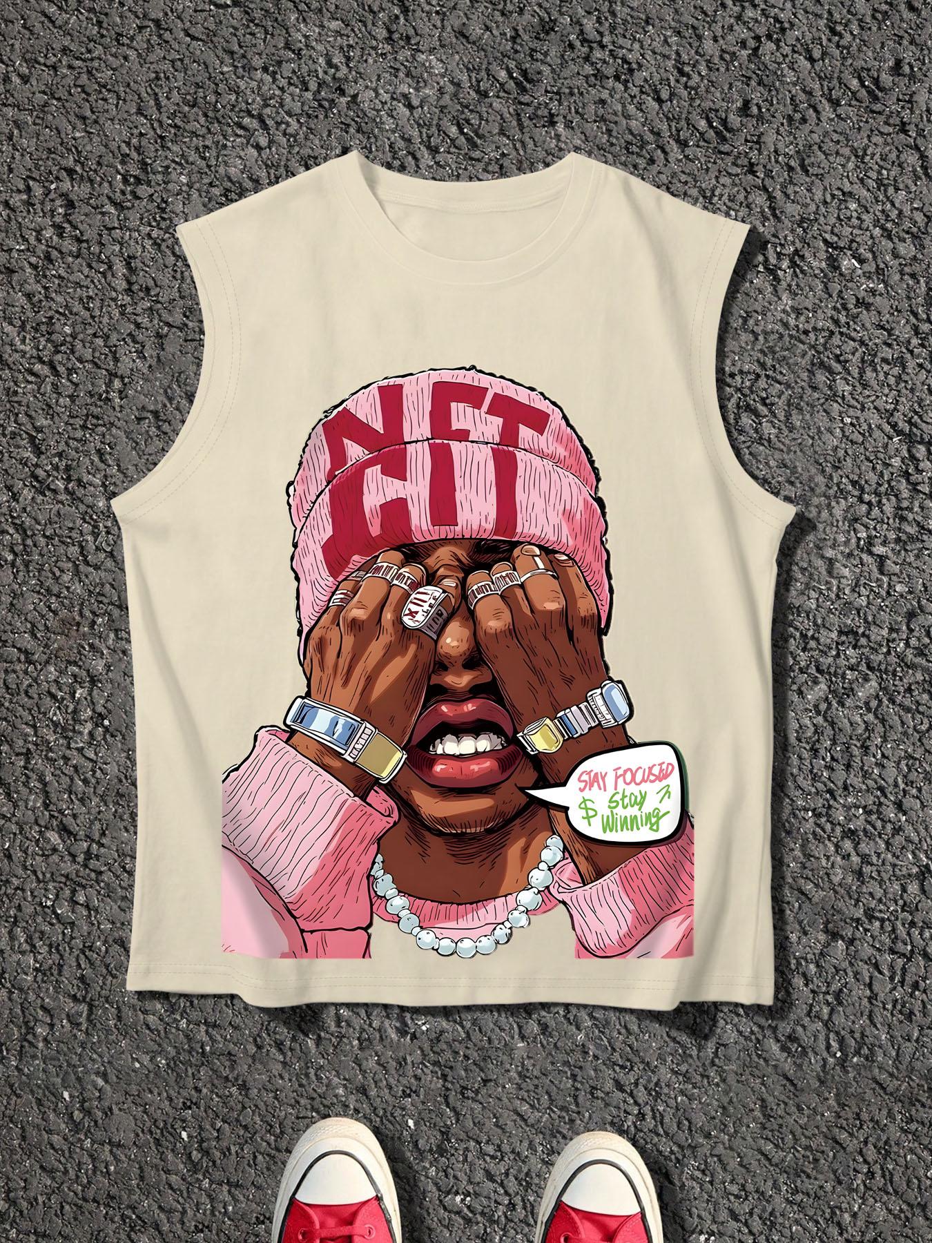 Men's Cartoon Face Print Tank Top, Loose Casual Sleeveless Round Neck Vest for Summer, Men's Top for Daily Wear, Socks