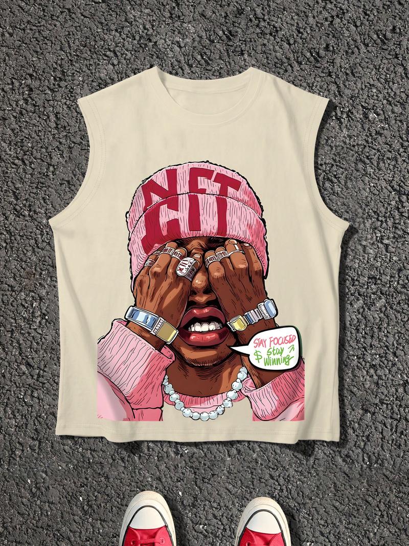 Men's Cartoon Face Print Tank Top, Loose Casual Sleeveless Round Neck Vest for Summer, Men's Top for Daily Wear, Socks