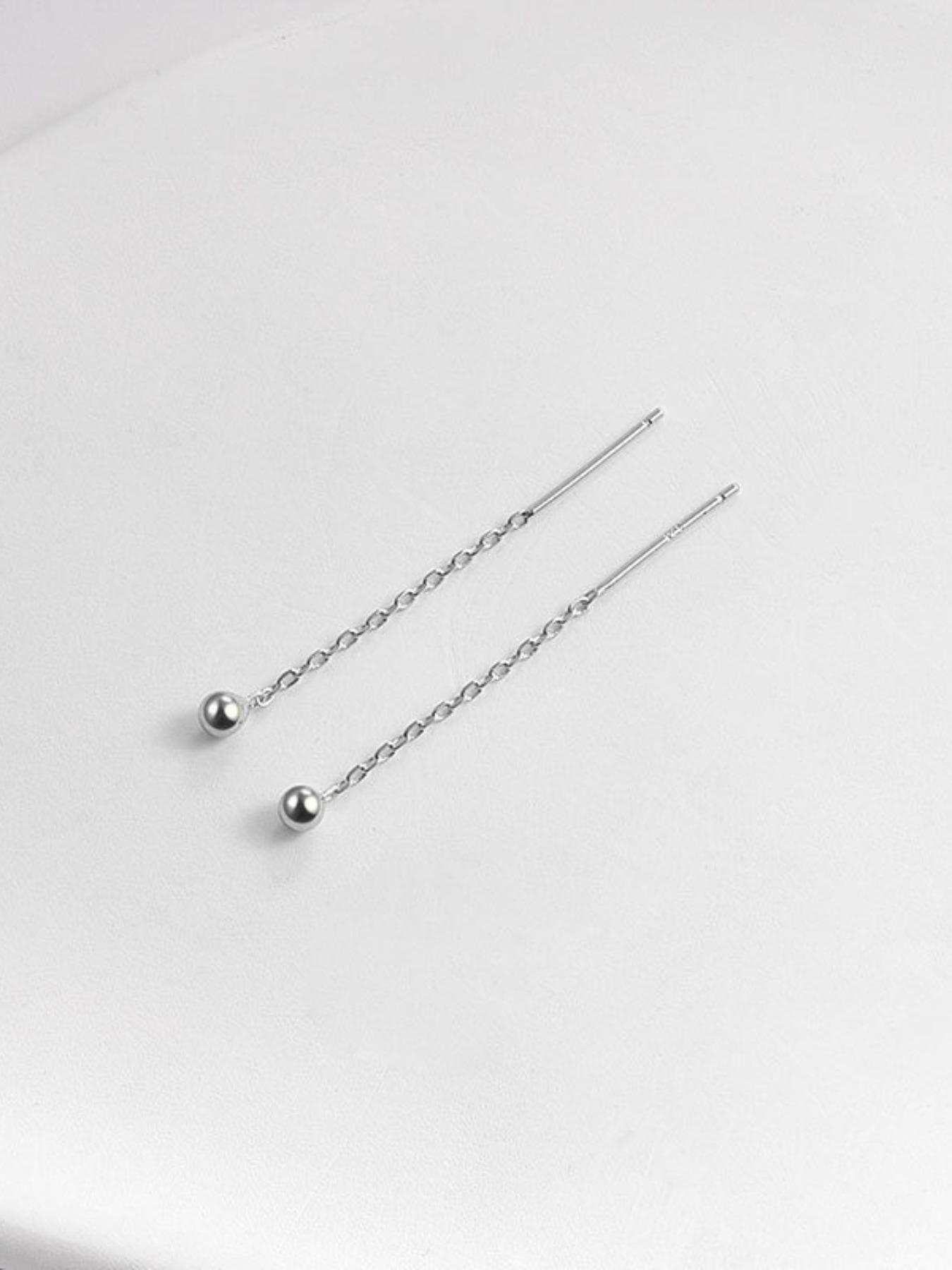 S999 Sterling Silver Round Bead Design Threader Earrings, Minimalist Line Earrings for Women, Trendy All-match & Exquisite Jewelry for Birthday Gift