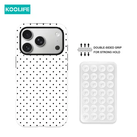 Classic Black & White Polka Dot 2-in-1 Suction Cup Phone Case, PC+TPU Glossy Hard Shell, Shockproof & Scratch-Resistant Cover Protector for iPhone 18/18 Pro Max/17/17 Pro/17 Pro Max/17 Air/16/15/14/13/12/11/XR/XS Max, Minimalist Retro Style, Must-Have