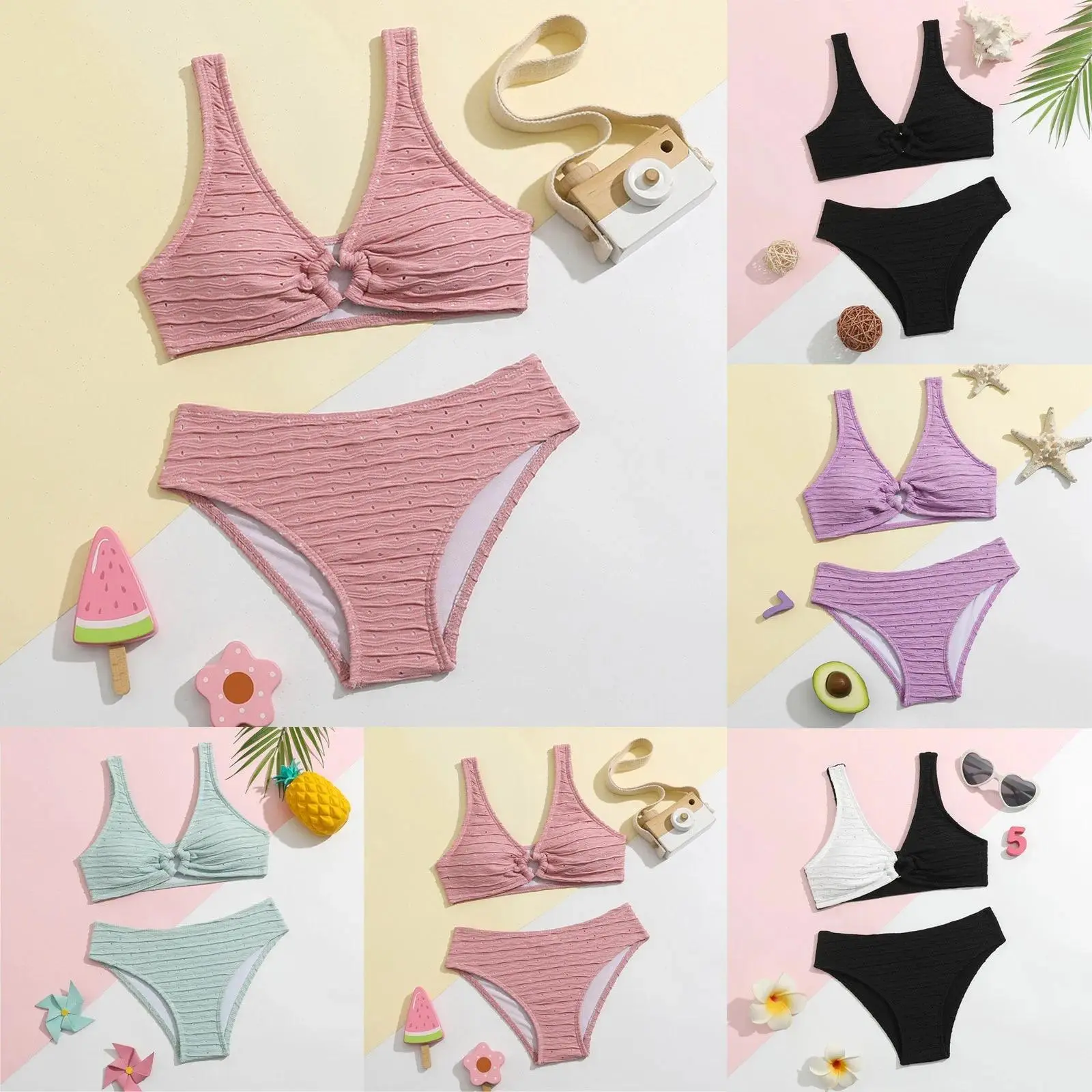 Teen Girls' Swimsuits Two Piece V Neck Bikini Adjustable Shoulder Straps Swimsuit Kids Bikini With Chest Pad Clothes Baby Girl
