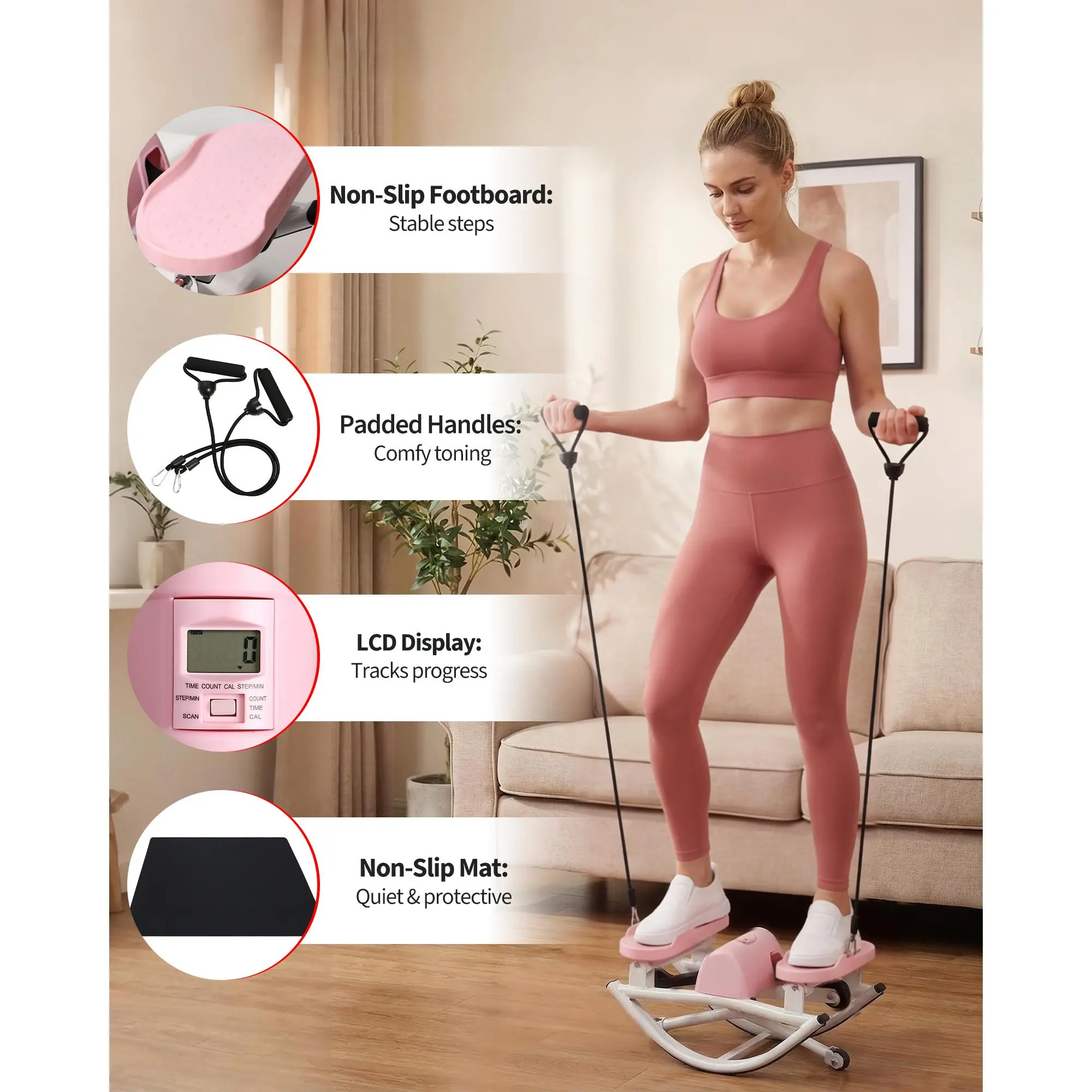 3D Side-to-Side Rocking Mini Stepper Machine - Under Desk Stair Stepper for Home Cardio, 350 lb Capacity, Quiet Compact Low-Impact Workout, Digital Display, Resistance Bands & Mat
