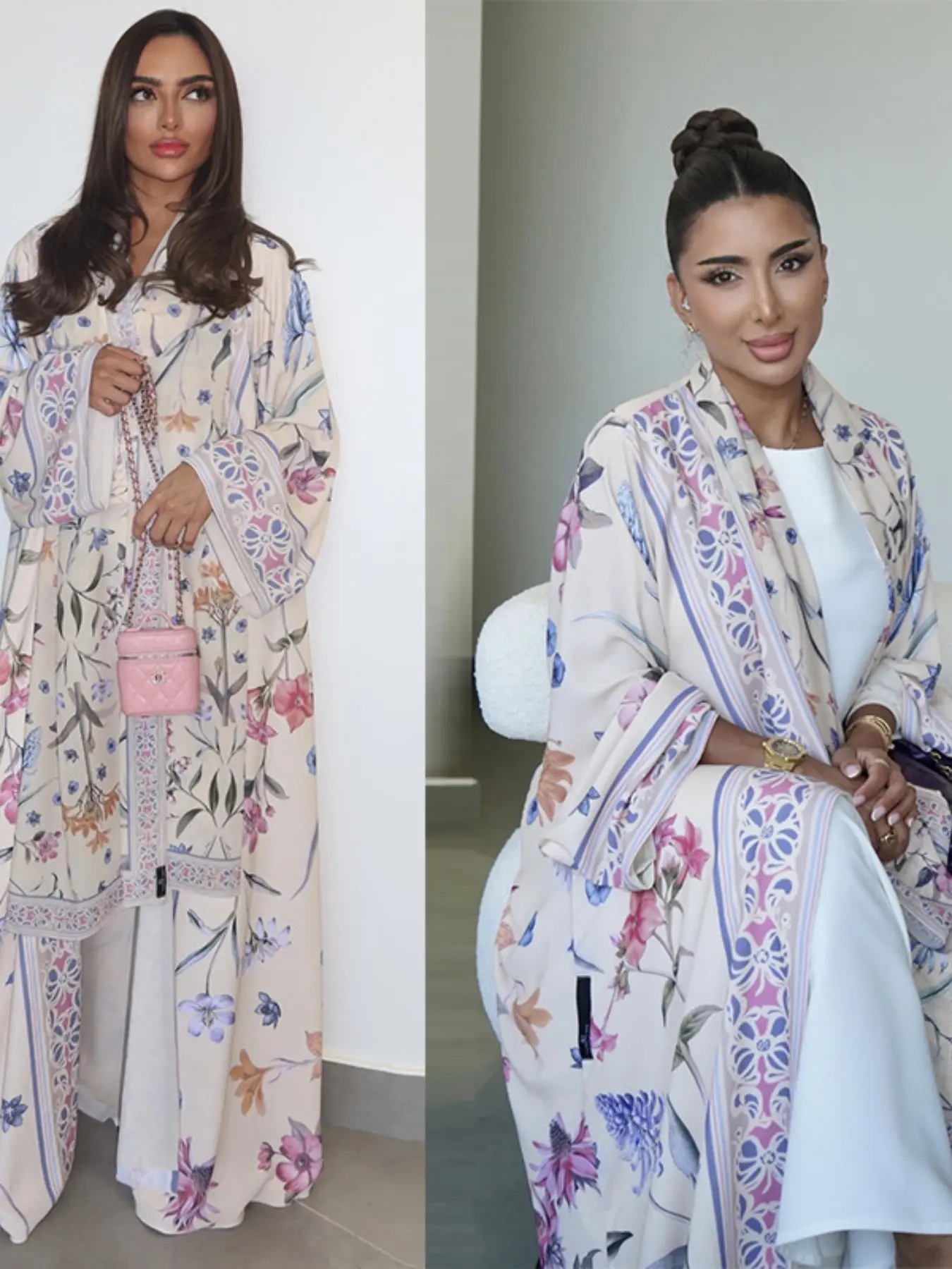 Luxury Floral Kimono Abaya Women Long Sleeve Open Front Maxi Cardigan Modest Muslim Fashion Outfit Eid Ramadan Hijab Style Cover Up