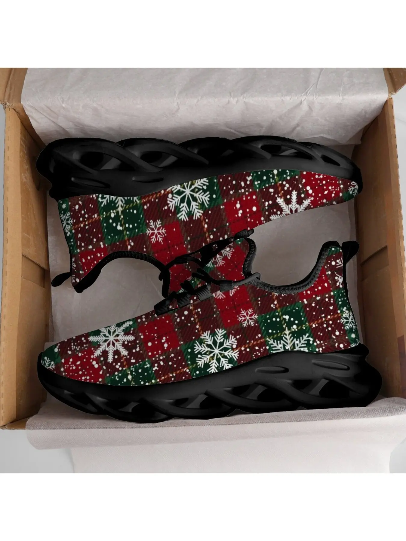 Red Green Christmas Plaid Snowflake Blade Sneakers, Breathable Mesh Lace Up Running Shoes, Classic Tartan Grid White Snowflake Falling Dots Print Hollow Wave Sole Winter Holiday Casual Athletic Trainers For Men Women