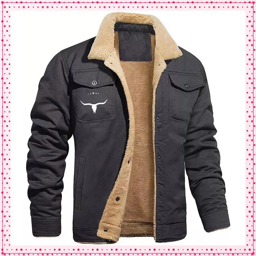 Men's Retro Western Jacket Warm Fleece Coat Work Cargo Trucker Jackets Tops Casual Long Sleeve Crewneck high