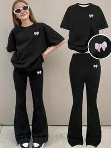2 Piece Set Teen Girl Casual Butterfly Knot Loose Short Sleeve T-Shirt and Bell Pants, Perfect for Summer Wear, Clothes, Trouser
