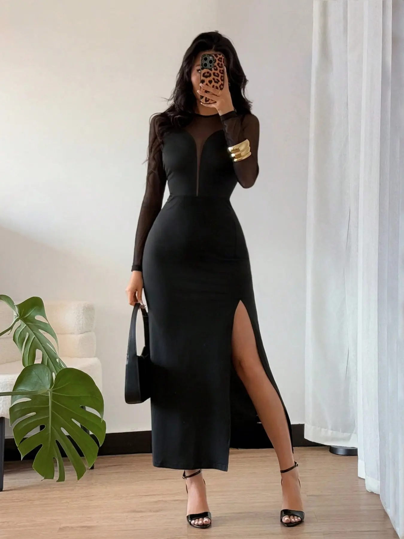 New Women's Round Neck Mesh Deep V Sheer Patchwork Long Sleeve Dress, Long High Split Vacation Casual Sexy Elegant Dress