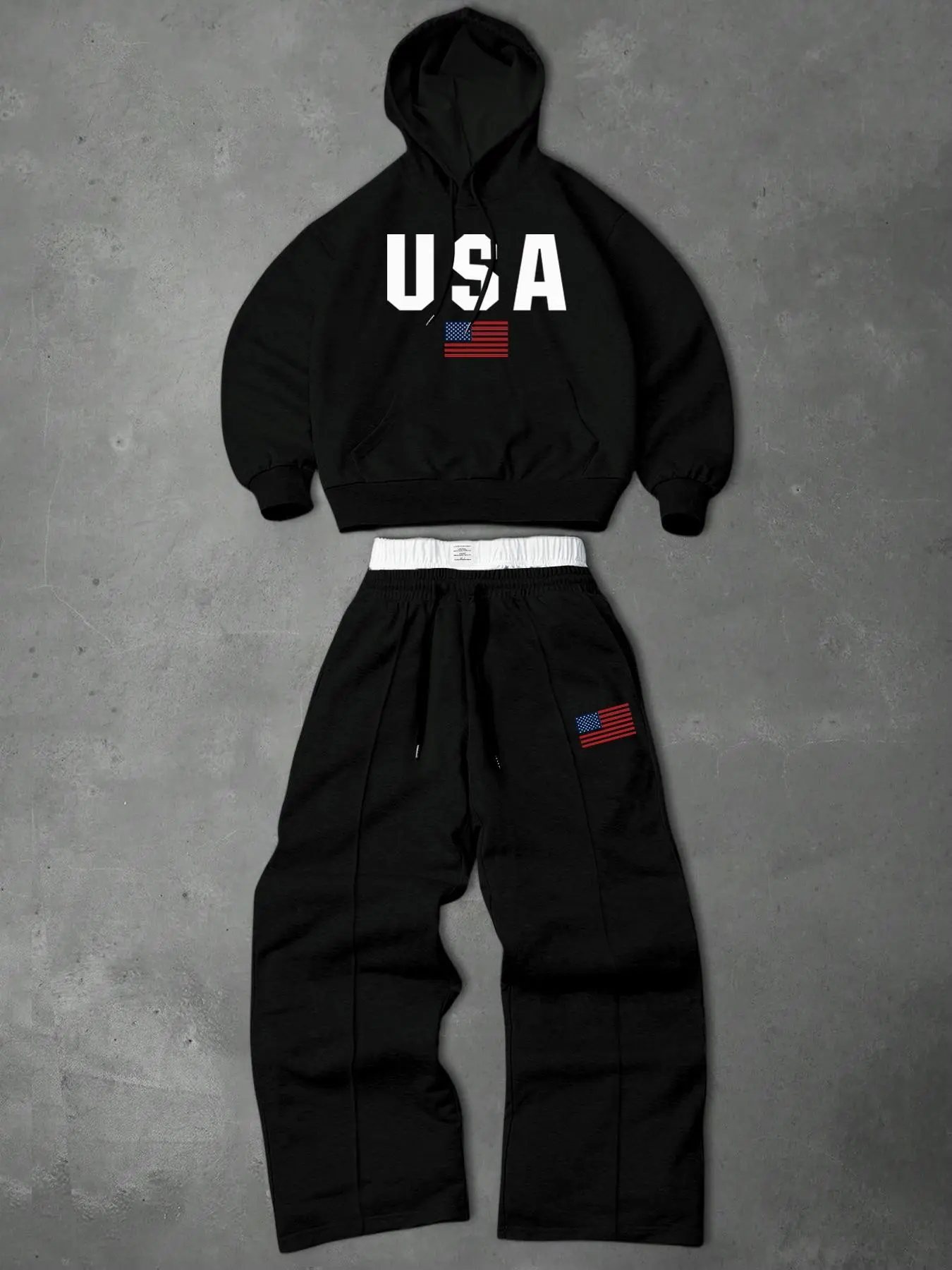 Men's preppy two-piece tracksuit, sporty outfit: a hooded sweatshirt and drawstring trousers, decorated with lettering and small graphic designs, perfect for fall and winter.