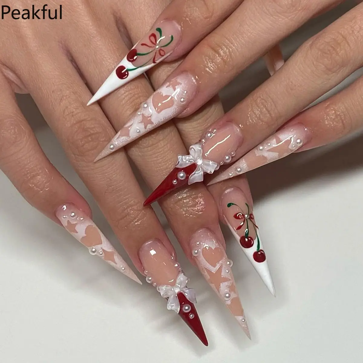 24Pcs Ultra-Long Stiletto Cherry French Press-On Nails, 3D Pink Bow & Star Heart Embellished Fake Nails, Reusable Glossy Manicure for Women, Perfect Statement Set for Raves, Parties & Valentine's Day