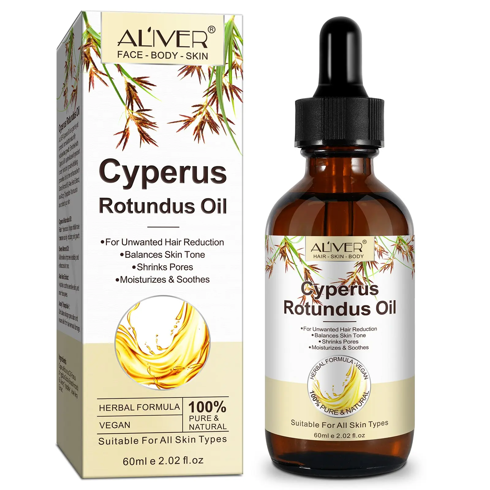 ALIVER Xiangfuzi Hair Removal Oil 60ml, a 2-in-1 essential oil for post-hair removal care; not an instant hair removal cream. Long-term use slows down the rate of body hair growth, helps regulate excessive hair growth caused by high hormone levels, and pr