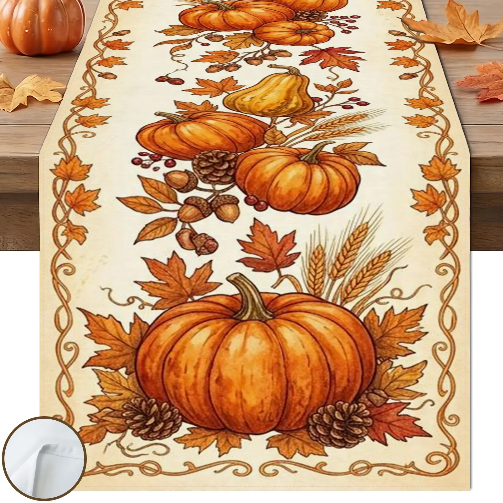 1pc Harvest Pumpkin Table Runner, Vintage Watercolor Style, Beige Orange Pumpkin Wheat Pinecone Maple Vine Border Pattern, for Thanksgiving Table Decor.
