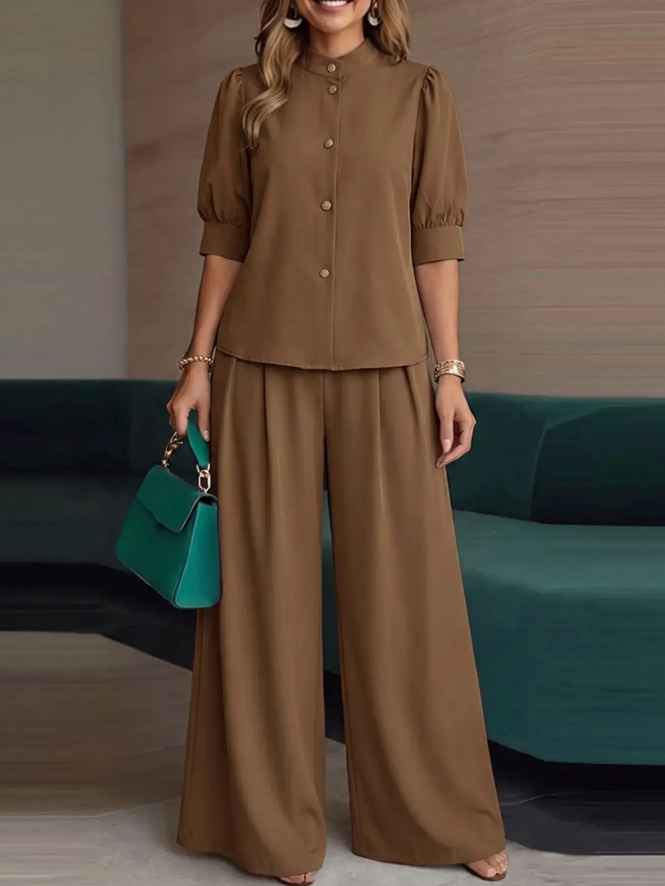 ZANZEA Women's Stand Collar Minimalist Simple Loose Solid Short Sleeve Cardigan and Pleated Long Pants Set, Summer Matching Sets, Two-Piece, Casual Chic Elegance Office Wear Clothes