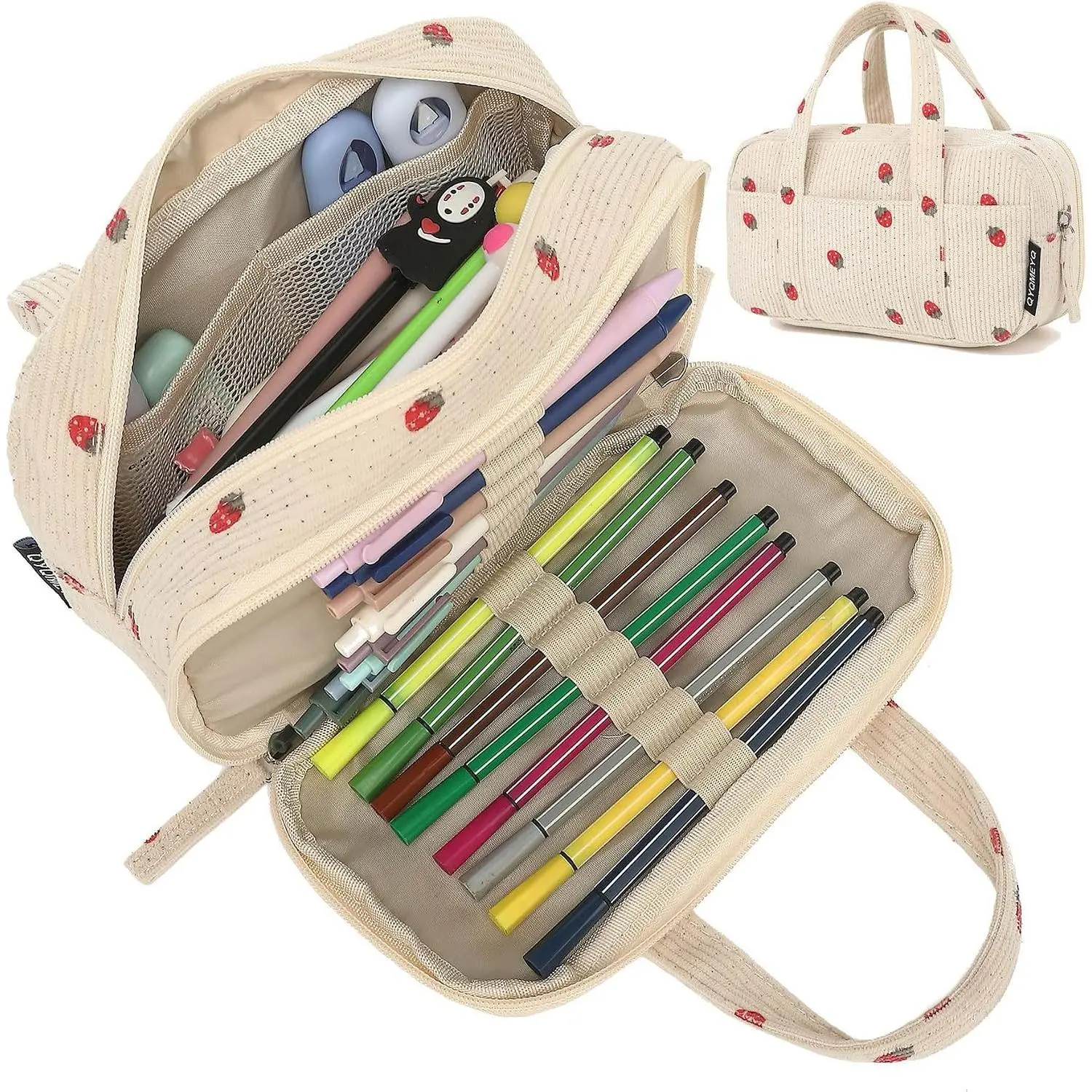 Corduroy Pencil Pouch - Large Zippered Organizer with 5 Compartments, Wide Opening, Extra-Big Office Stationery Bag for Teen Girls, Adults