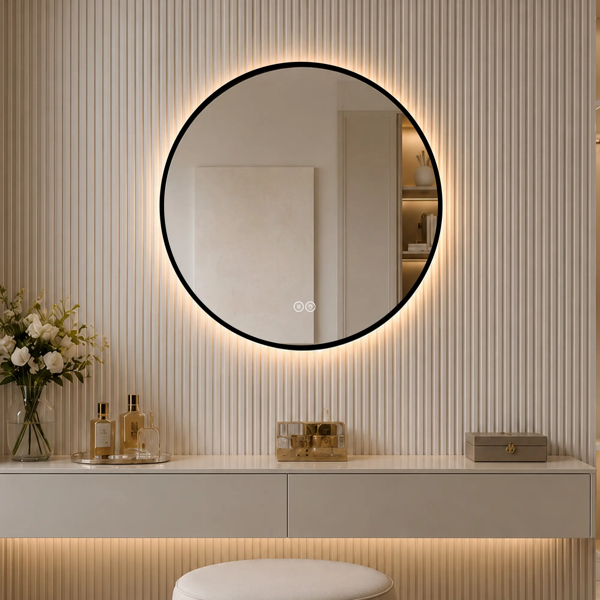 ARCH 24-Inch Round Black Aluminum Framed LED Bathroom Mirror, Dimmable 3000K-6000K 3-Color Anti-Fog Wall-Mounted Vanity Mirror with Memory Function, Plug-in/Hardwired, IP44 Splash-Resistant for Bathroom, Vanity, Bedroom, Salon, Black Color Options