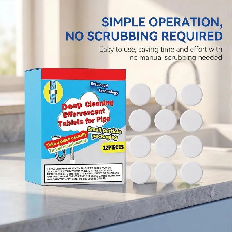 powerful cleaning effervescent tablets, suitable for cleaning pipes and quickly dissolving grease blockages in hair, can be used in kitchen sinks, toilet traps, shower basins and laundry room drains. 1 box contains 12 tablets.