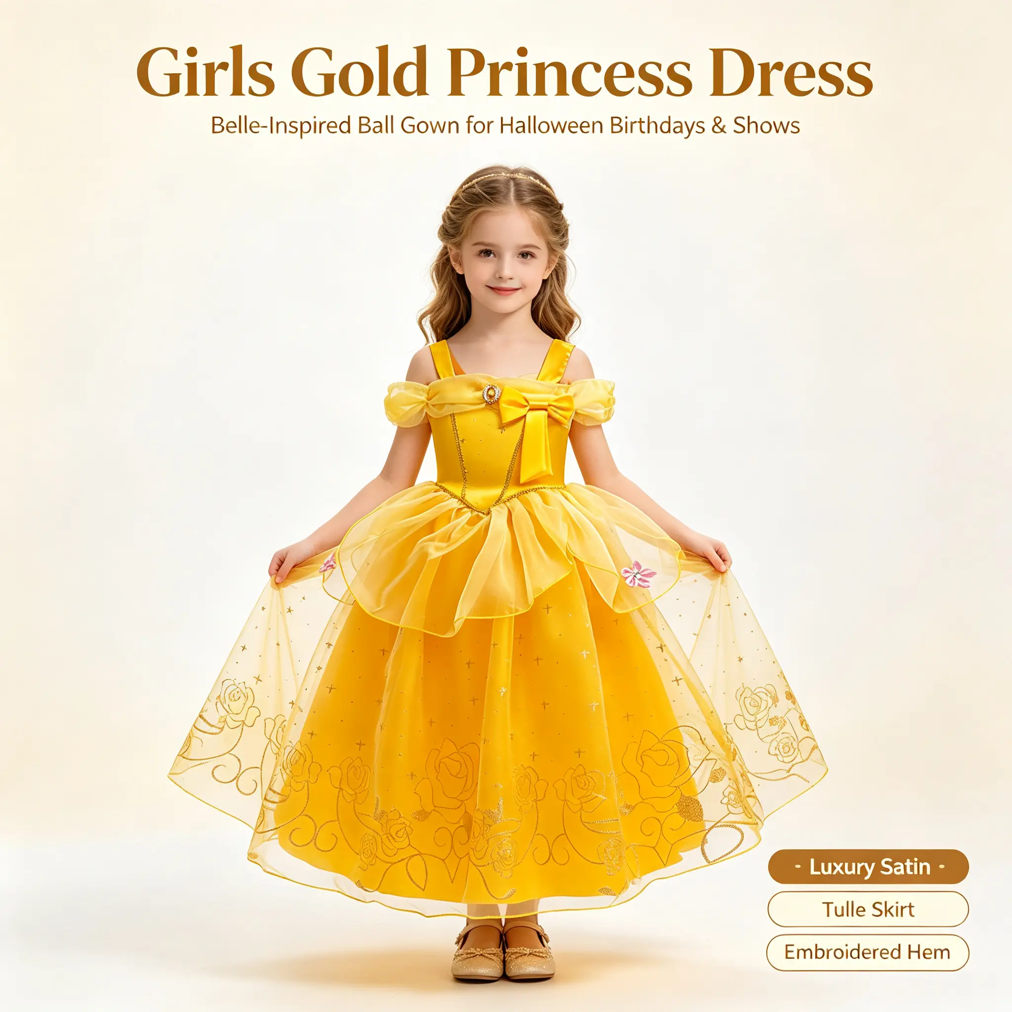 Girls Gold Belle-Inspired Princess Dress | Luxury Ball Gown for Halloween, Birthdays, Stage Shows & Dress-Up