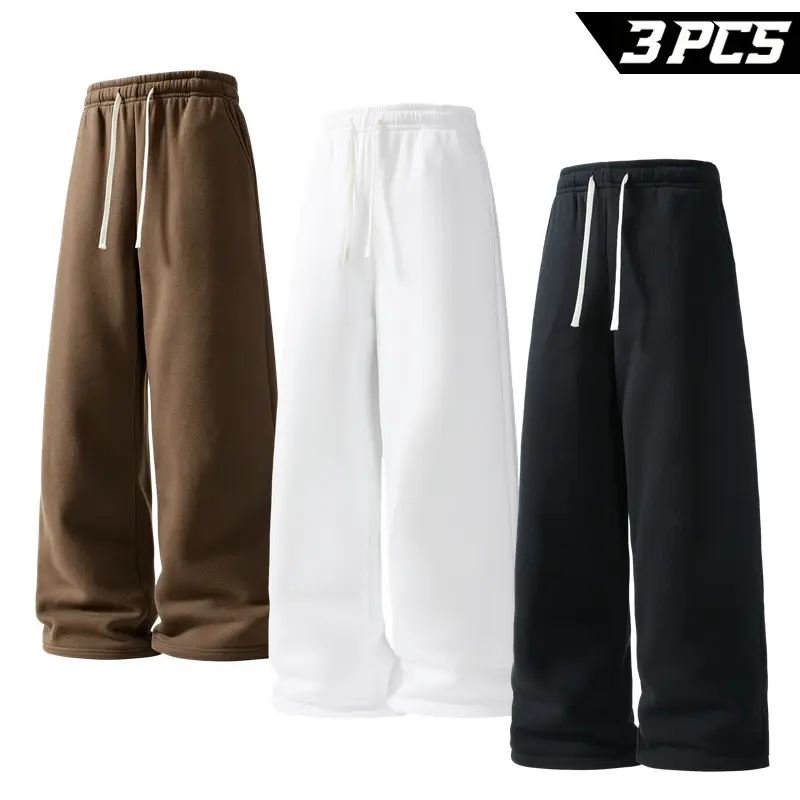 Men's 3 Pack Relaxed Wide Leg Sweatpants, Straight Open Hem Jogger Pants with Drawstring Waist and Side Pockets for Daily Outfits, Streetwear, Travel, Walking, Lounging and Errands