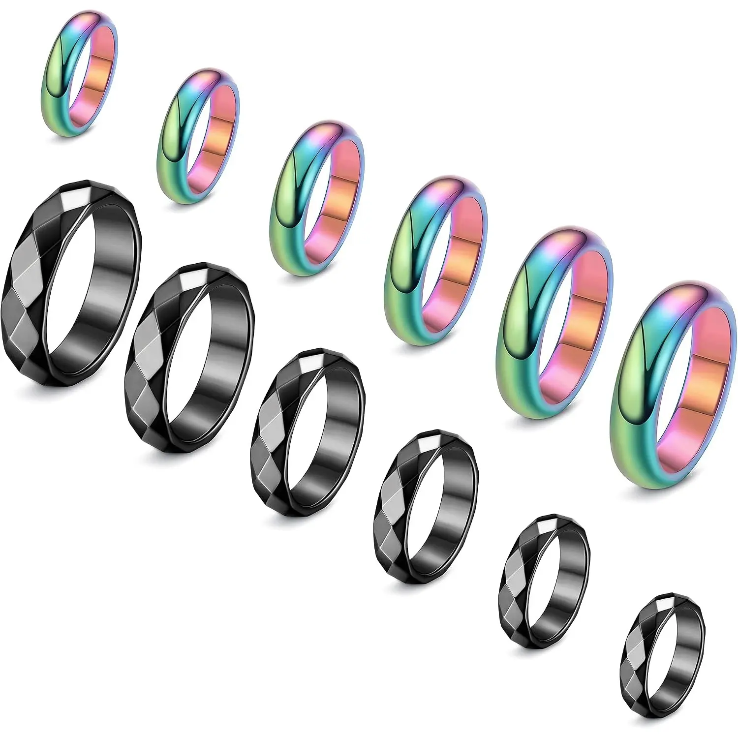 12 Pcs Hematite Rings for Men Women Anxiety Balance Magnet Ring Black Colorful Stone Magnetic Rings Absorb Negative Energy Ring Jewelry Set