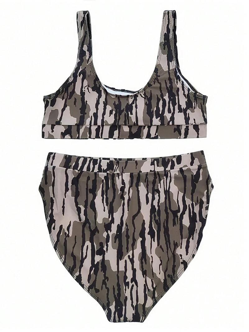 2Pcs Camo Print Sport Traning Top&Shorts Suit Set for Women Sleeveless Top & Shorts Set Summer Beach Swimwear Swimwear Summer Sleeveless Shorts Swimsuit Set Camo Brown Bathing Suit Clothing