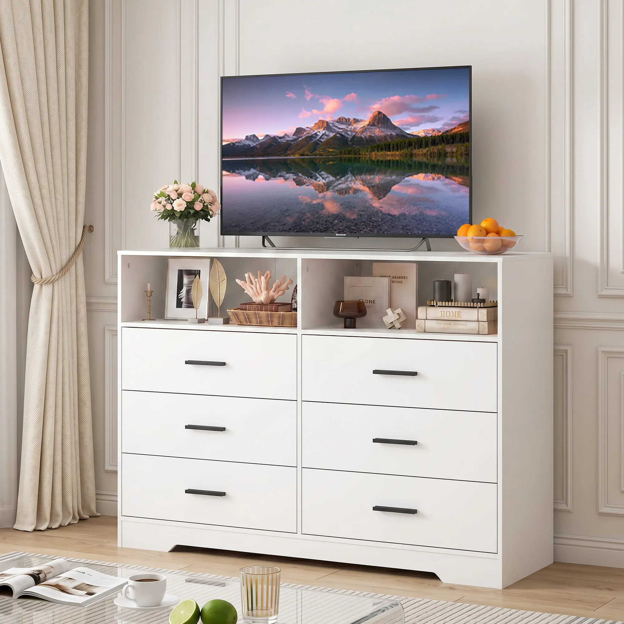 Modern Wood 6-Drawer Dresser with USB Ports, Charging Station, Open Shelf - 47" Width, 47-Inch Wide Top Deep Storage Organizer - for Modern Bedroom, Living Room