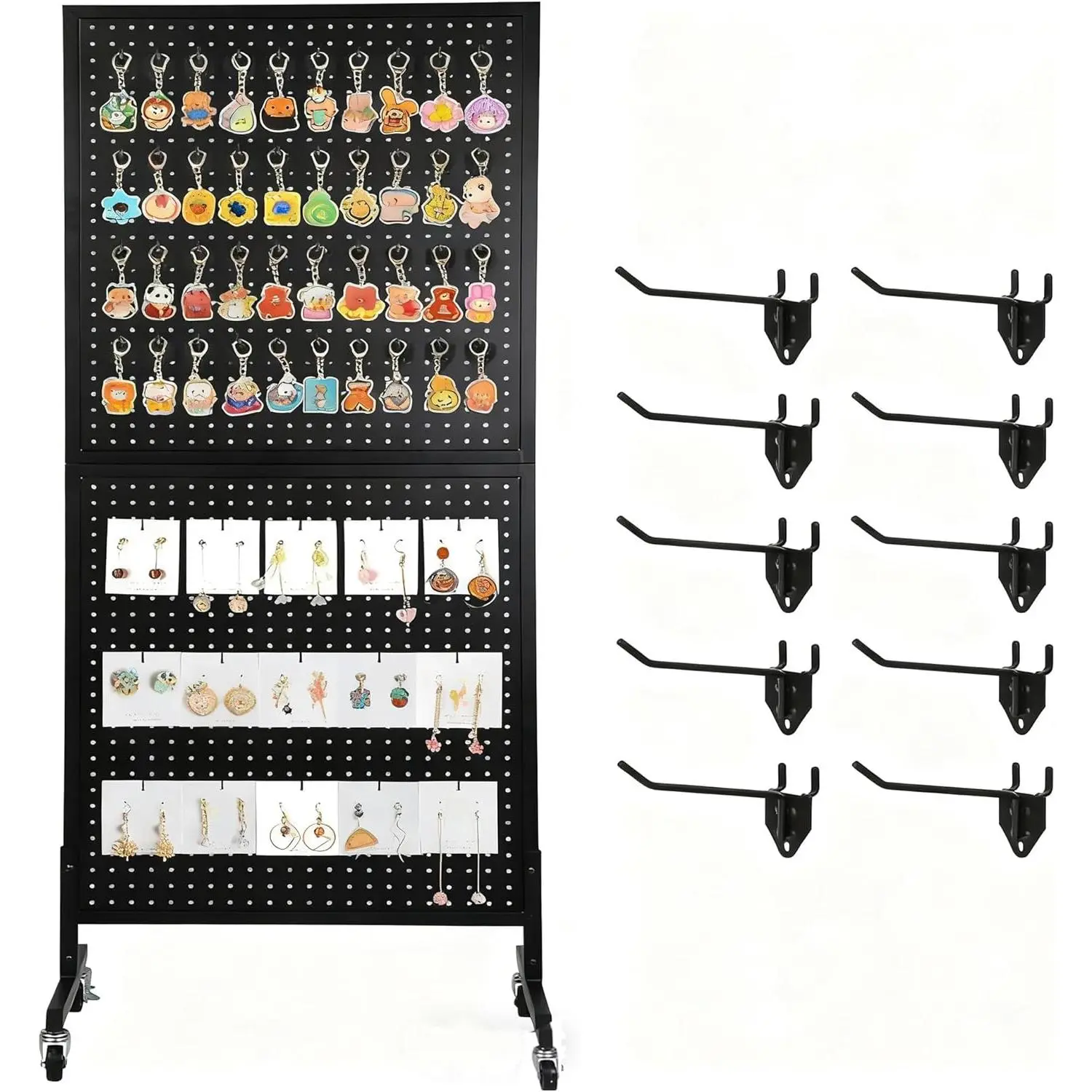 Heavy-Duty Metal Pegboard Display Rack – 2'x5' Floor Standing Organizer with Adjustable T-Base, Wheels & 10 Hooks – for Retail, Market, Garage, Shop