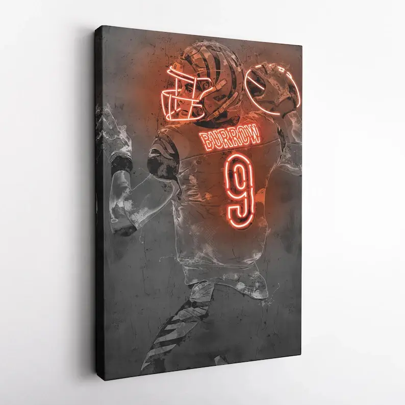 Joe Burrow Poster Neon Cincinnati Bengals NFL Hand Made Poster Canvas Framed Print Wall Kids Art Man Cave Gift Home Decor#NFL#PatrickMahomes#Josh Allen#JustinJefferson#OBJ#ChiefsKingdom#BillsMafia