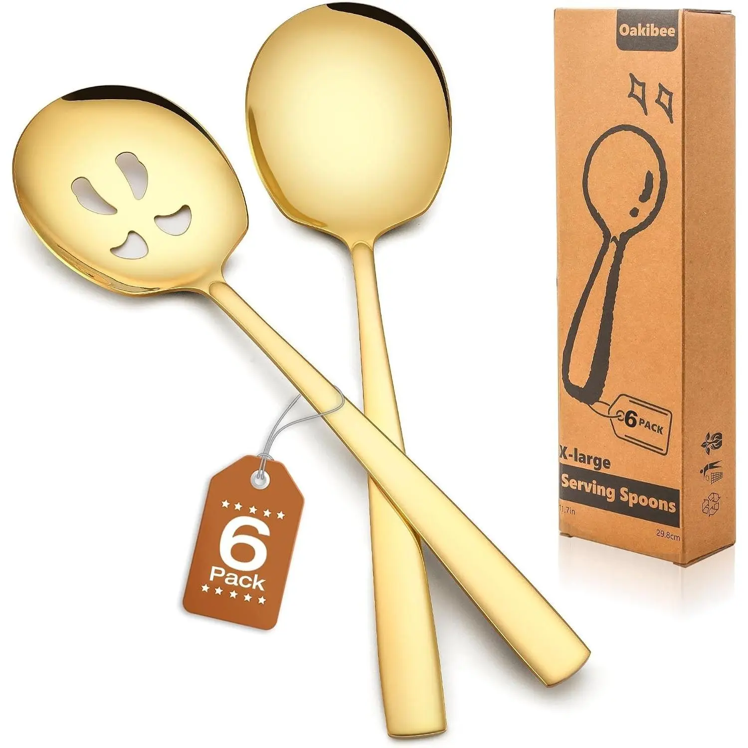 Extra Large 11.7-Inch Gold Serving Spoons Set 6-Pack 3 Slotted Spoons & 3 Serving Spoons 18/8 Stainless Steel Big Serving Utensils for Buffet Parties Catering Dishwasher Safe