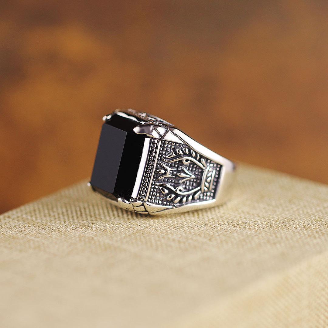 New silver advanced creative geometric diamond inlaid black agate gemstone men's lady domineering exaggerated adjustable ring