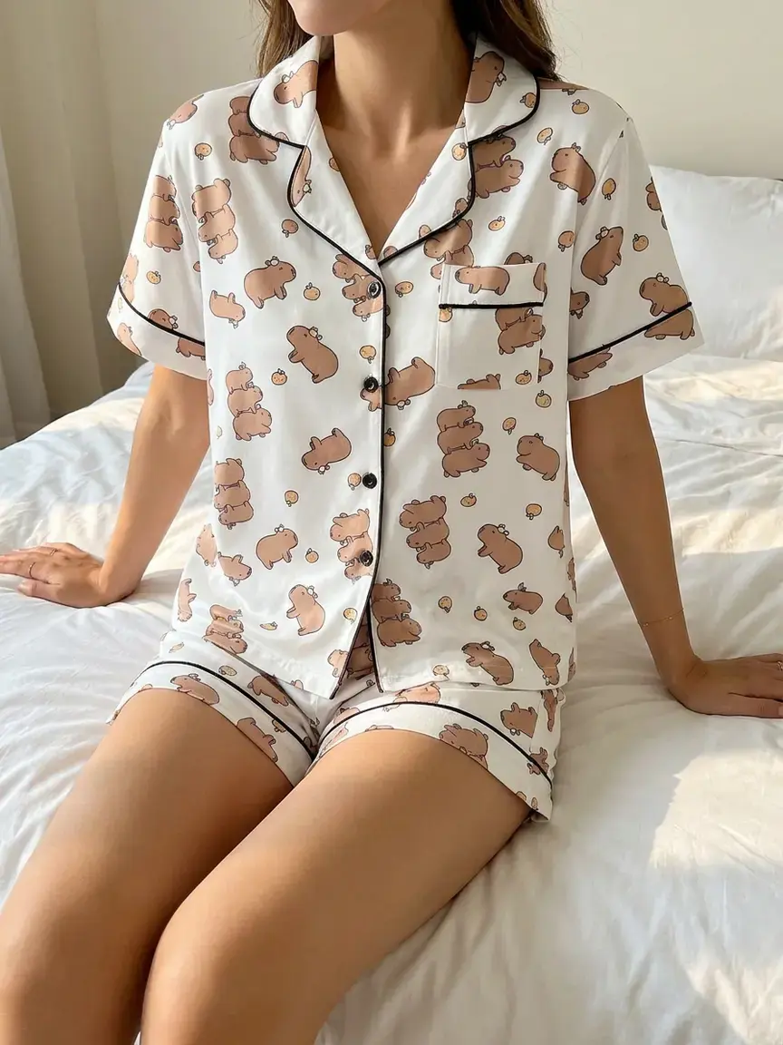 Funny Animal Lover Capybara Cartoon Milk Silk Pajama Set, Turn-Down Neck Button Short Sleeve Contrast Trim Pajamas, Funny Attraction Style Loungewear Nightwear Pjs
