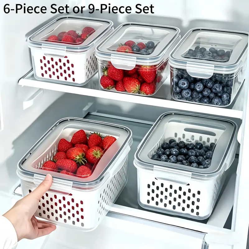 2/3 Piece Refrigerator Storage Box Set, Leak-Proof Food Container with Drain Basket and Lid, Reusable Kitchen Organizer, Food Grade Plastic