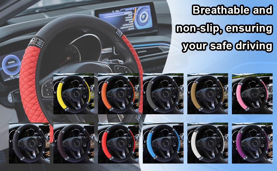 Bling Soft Leather Steering Wheel Cover, 15 Inch Colorful Rhinestones Auto Elastic Protector with Crystal Diamond for Women Girls, Car Accessories for Most