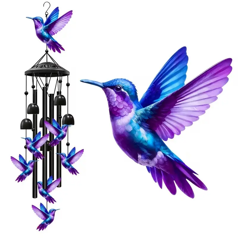 Vibrant Blue Gradient Hummingbird Wind Chime, Weatherproof Outdoor Hanging Decor, Cute Bird Art Ornament, Unique Gift for Garden Lovers