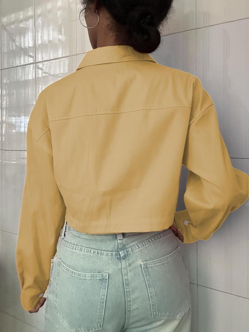 Women's Solid Button Front Drop Shoulder Crop Jacket, Casual Long Sleeve Collared Coat Outerwear for Fall & Winter, Ladies Clothes for Daily Wear