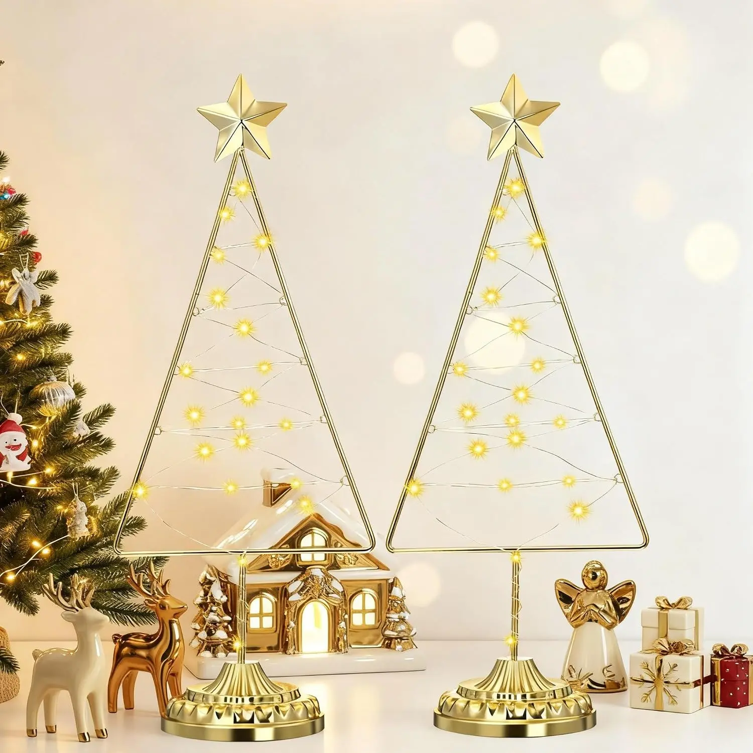 Set of 2 Lighted Christmas Tree Table Decoration with   Operated Tabletop Prelit Mini Xmas Tree with LED Light up Desk Ornament for  Mantel(Triangle,)