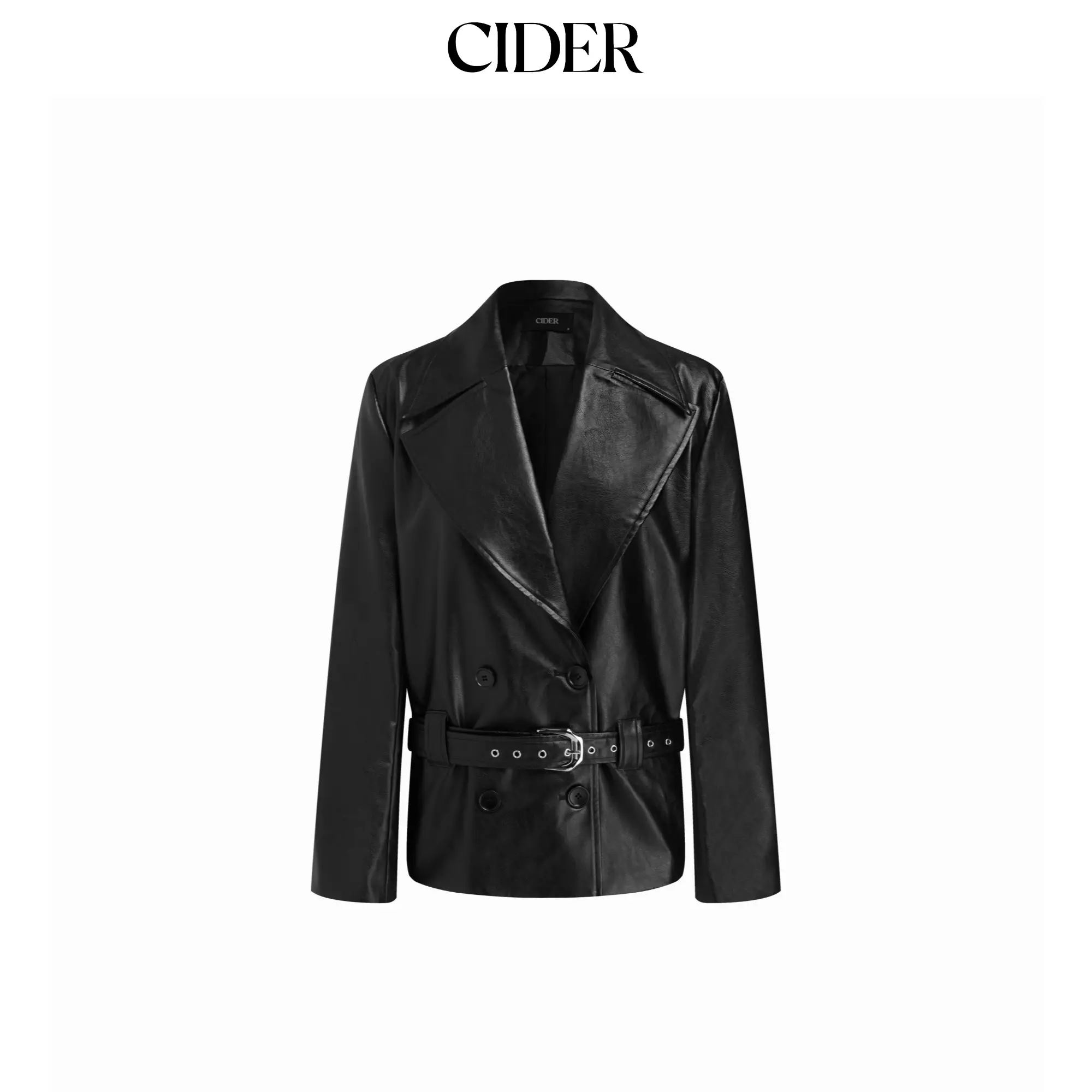 Cider Faux Leather Collar Double Breasted Biker Jacket With Belt SummerFinds