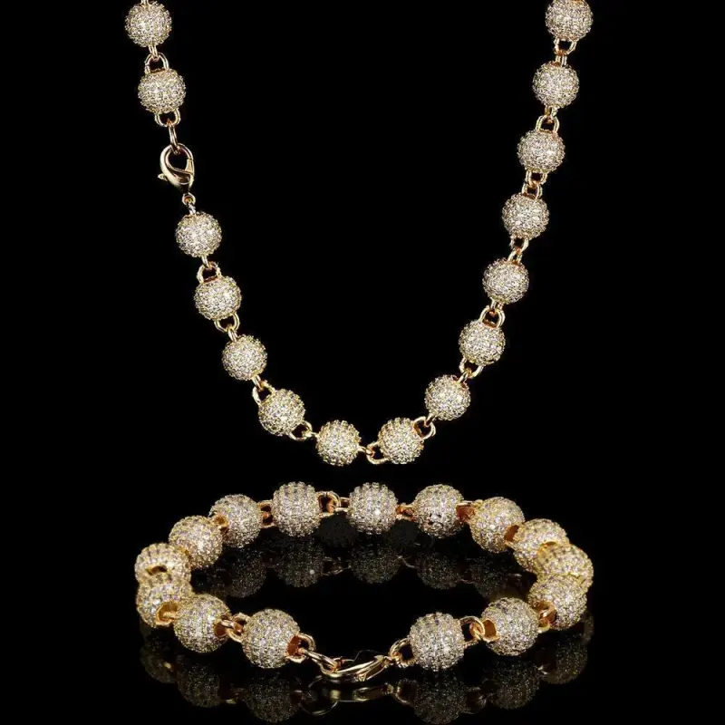 Unisex 2-Piece 18K Gold-Coated 8mm Bead Beading Chain Necklaces, IH Iced Out Natural Sri Lanka Zircon, Hip Hop Casual Costume Jewelry Gift for Daily Wear