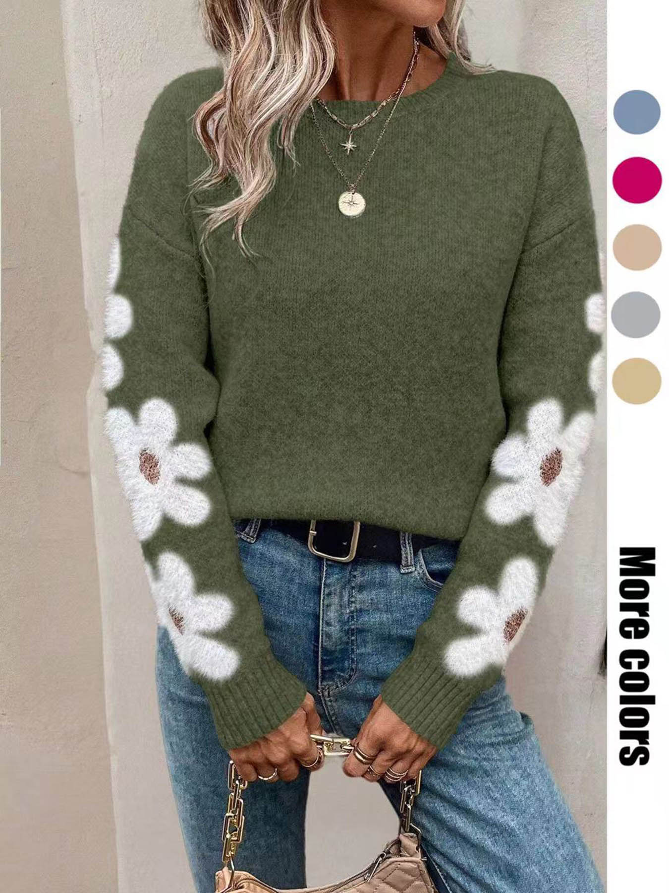 Women's New Loose Round-Neck Floral Pattern Long-Sleeve Pullover Sweater for Autumn and Winter, Elegant Casual Knitwear