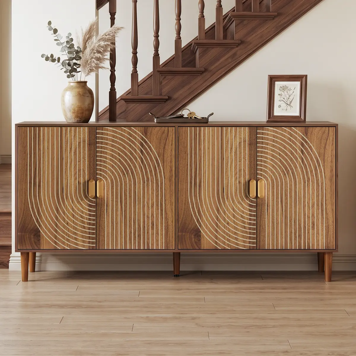 [Bellemave] 62.6-Inch Sideboard with Storage, 4-Door Credenza Featuring Vertical Grooved Detailing, Multifunctional Accent Cabinet Suitable for Dining Room, Living Room, Entryway, and Kitchen